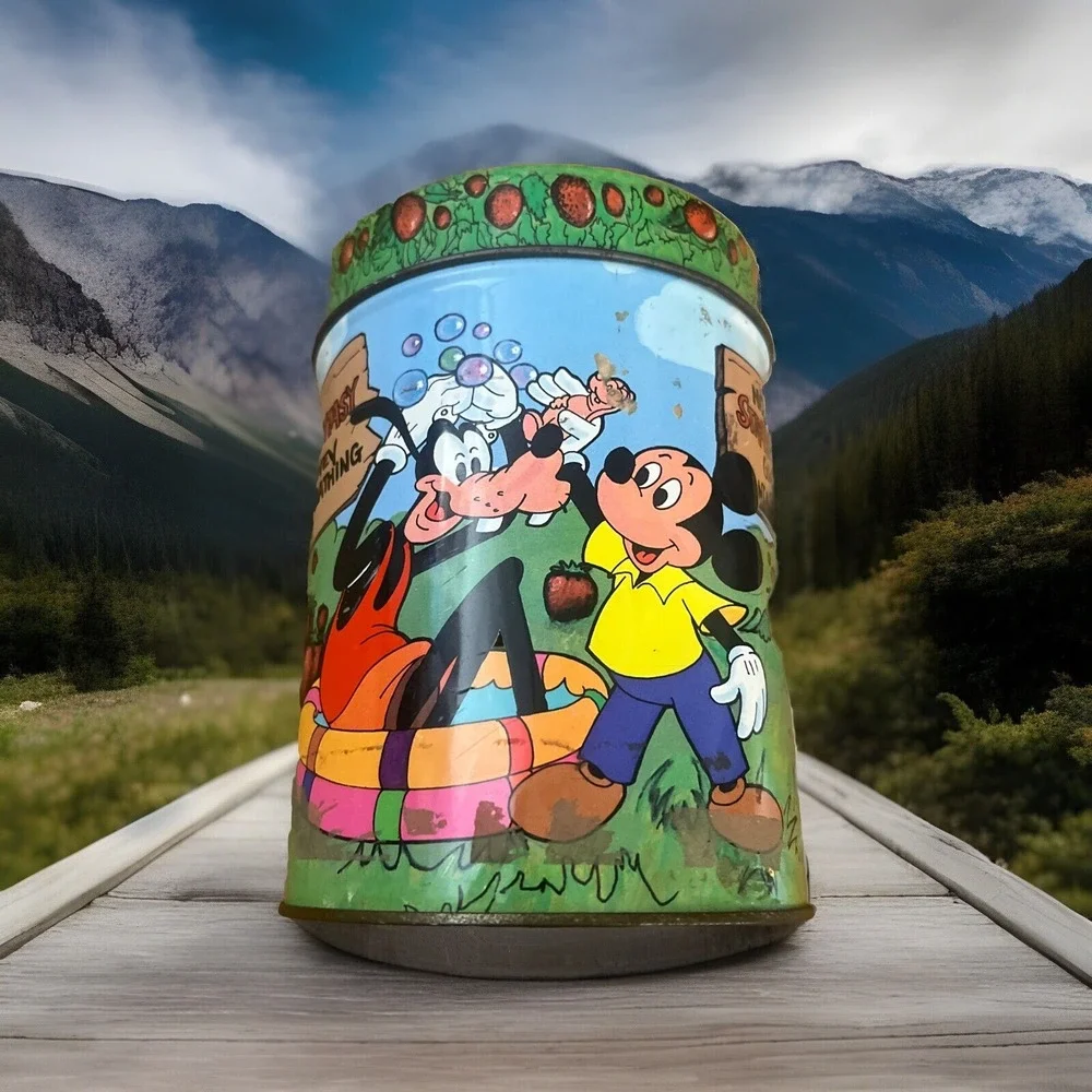 Walt Disney Mickey Mouse+Friends Strawberry Bath Powder‎ Metal Bank Vintage